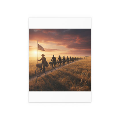 Indoor and Outdoor Silk Posters - E Company 25th Infantry Buffalo Soldiers Bicycle Corps with Guidon on the Prairie at Sunset