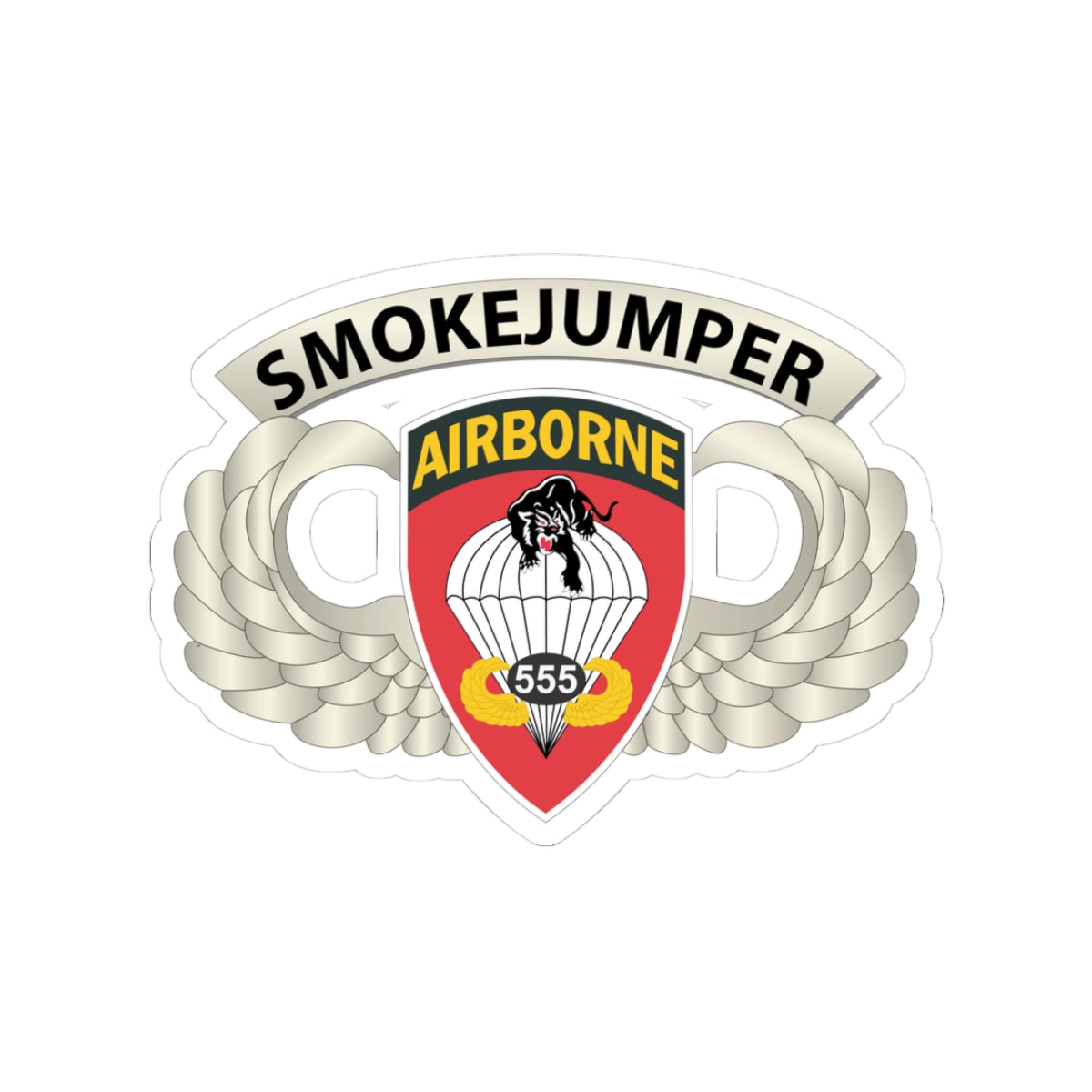 Kiss-Cut Stickers - Army - Airborne Badge - 555th Parachute Infantry Bn - SSI w SmokeJumper Tab