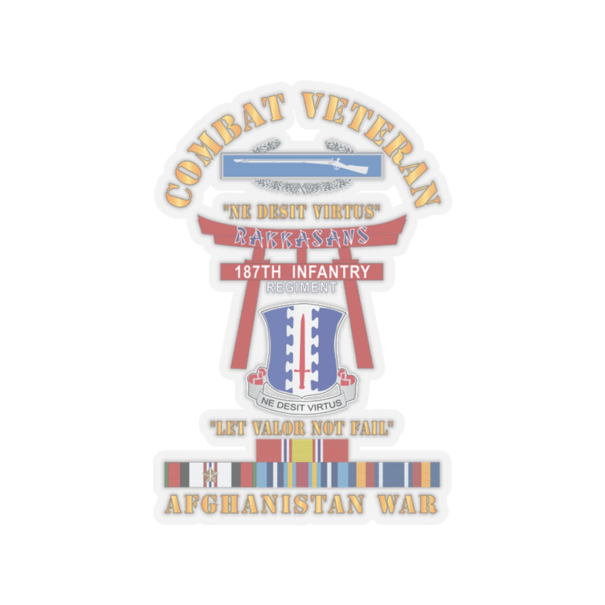 Kiss-Cut Stickers - Army - Combat Veteran - 187th Infantry Regiment - Torii, Rakkasans, Let Valor Not Fail, English, Latin w CIB w AFGHAN SVC