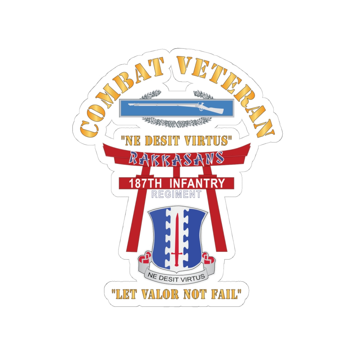 Kiss-Cut Stickers - Army - Combat Veteran - 187th Infantry Regiment - Torii, Rakkasans, Let Valor Not Fail, English, Latin w CIB X 300