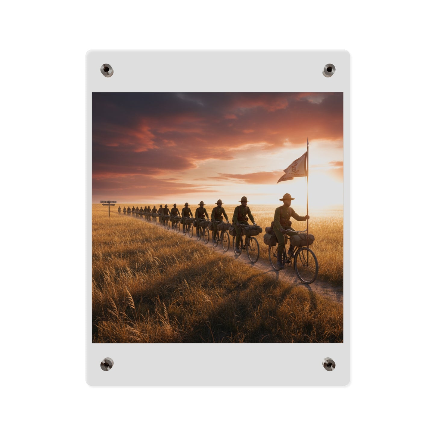 Acrylic Wall Art Panel - E Company 25th Infantry Buffalo Soldiers Bicycle Corps with Guidon on the Prairie at Sunset