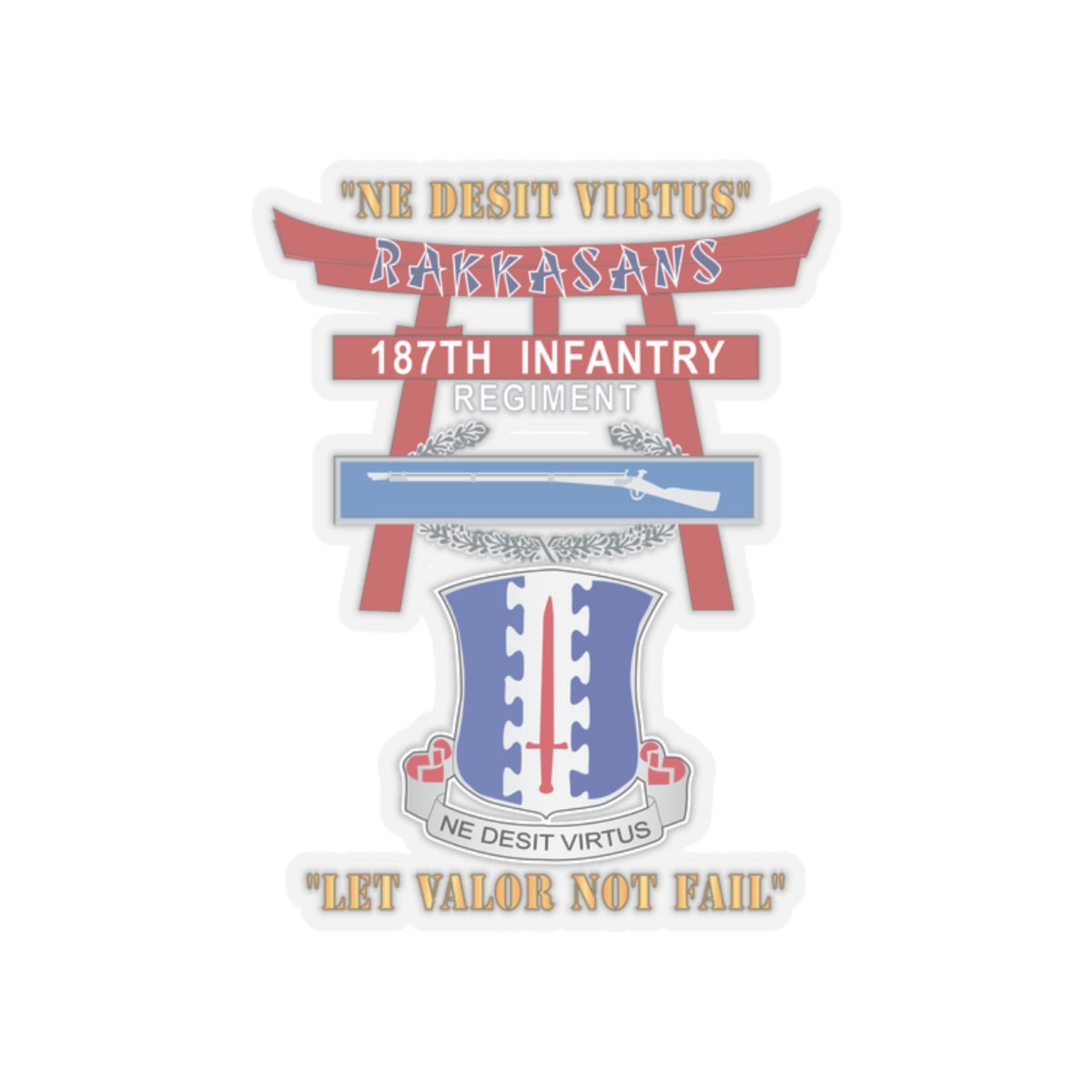 Kiss-Cut Stickers - Army - 187th Infantry Regiment - Torii, Rakkasans, Let Valor Not Fail, English, Latin w CIB
