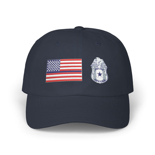 Hat - Classic Dad Cap American Flag with Police Blue Stripe and Badge