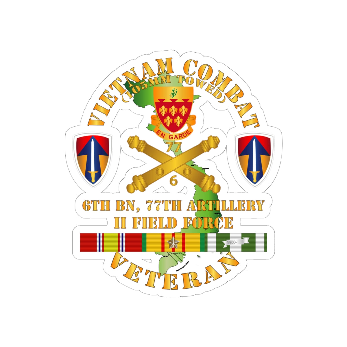 Kiss-Cut Stickers - Army - Vietnam Combat Veteran w 6th Bn 77th Artillery DUI - II Field Force w VN SVC