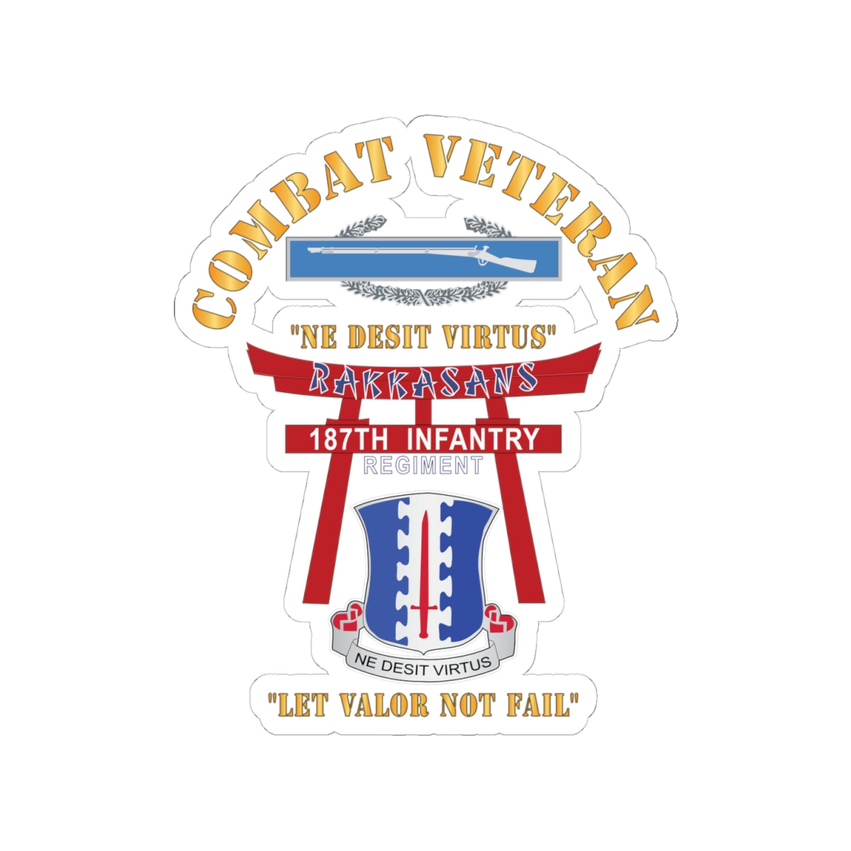 Kiss-Cut Stickers - Army - Combat Veteran - 187th Infantry Regiment - Torii, Rakkasans, Let Valor Not Fail, English, Latin w CIB X 300