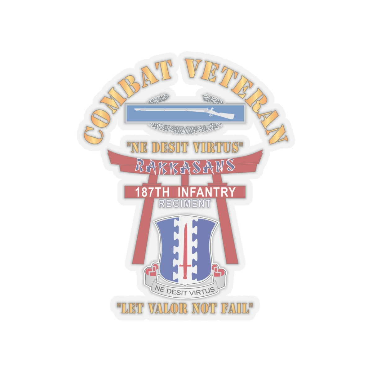 Kiss-Cut Stickers - Army - Combat Veteran - 187th Infantry Regiment - Torii, Rakkasans, Let Valor Not Fail, English, Latin w CIB X 300