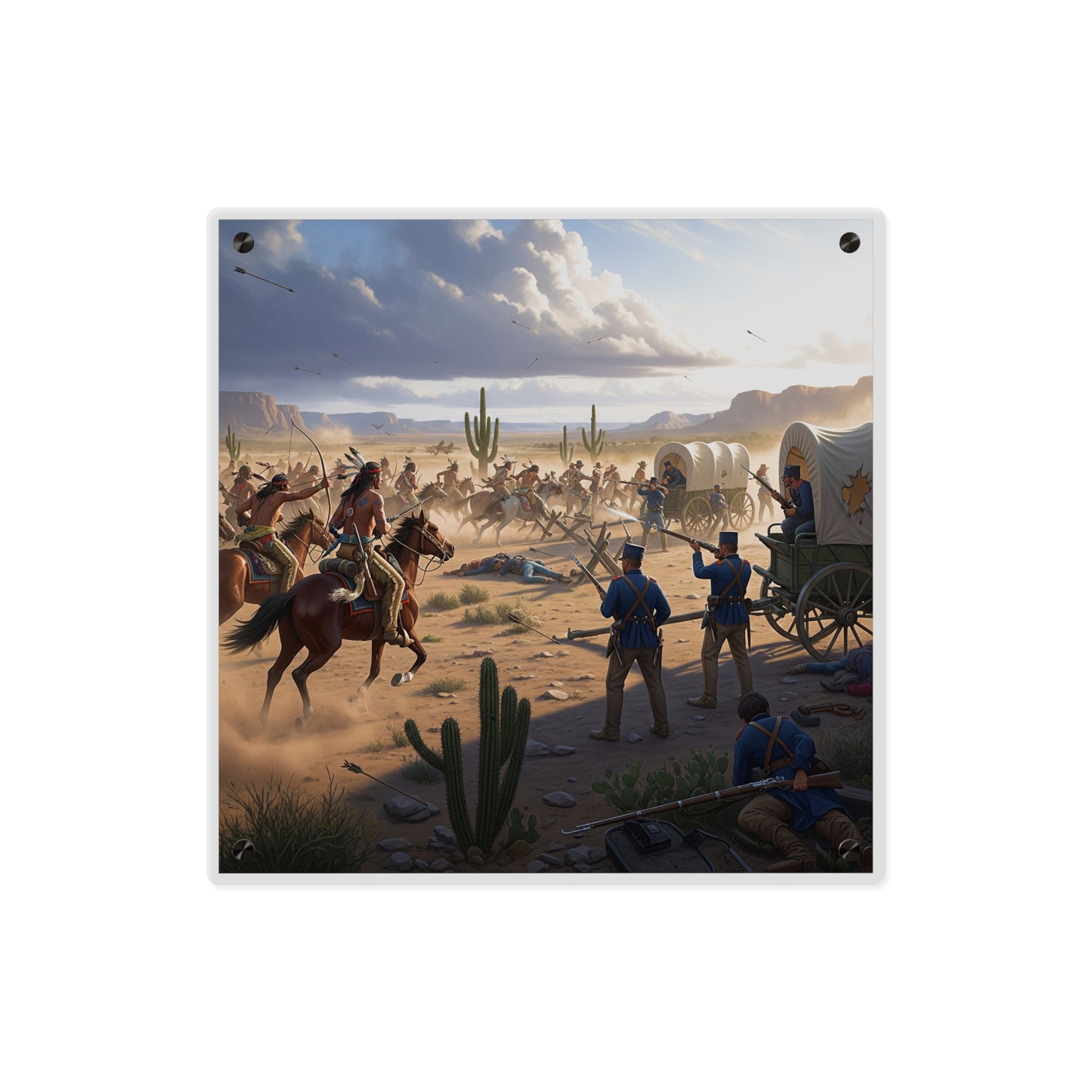 Acrylic Wall Art Panel - Apache Indians attacking a US Army defending a wagon train