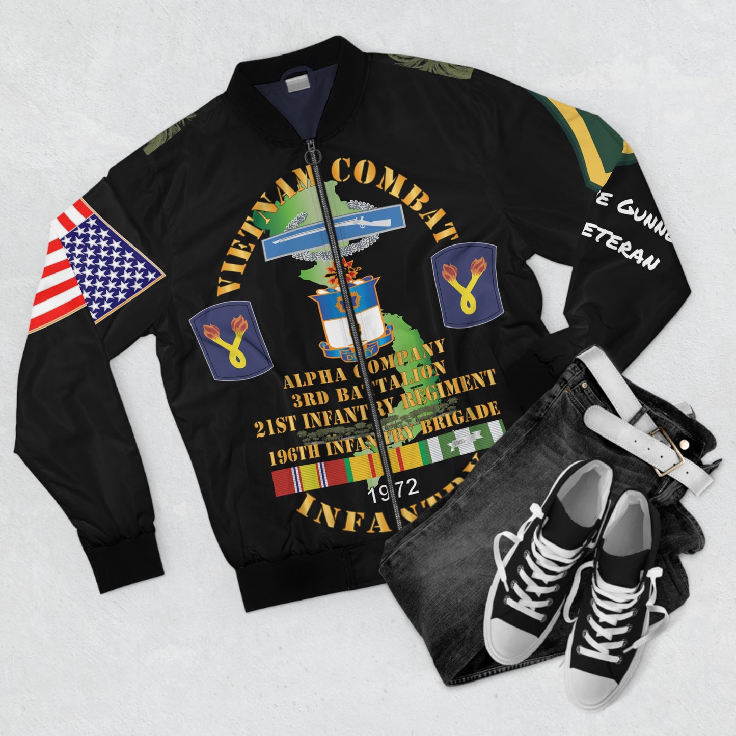 Men's Bomber Jacket - Army - 196th Light Infantry Brigade - Vietnam War Vet - PFC - M60 Machine Gunner - CIB - Vietnam Service Ribbons