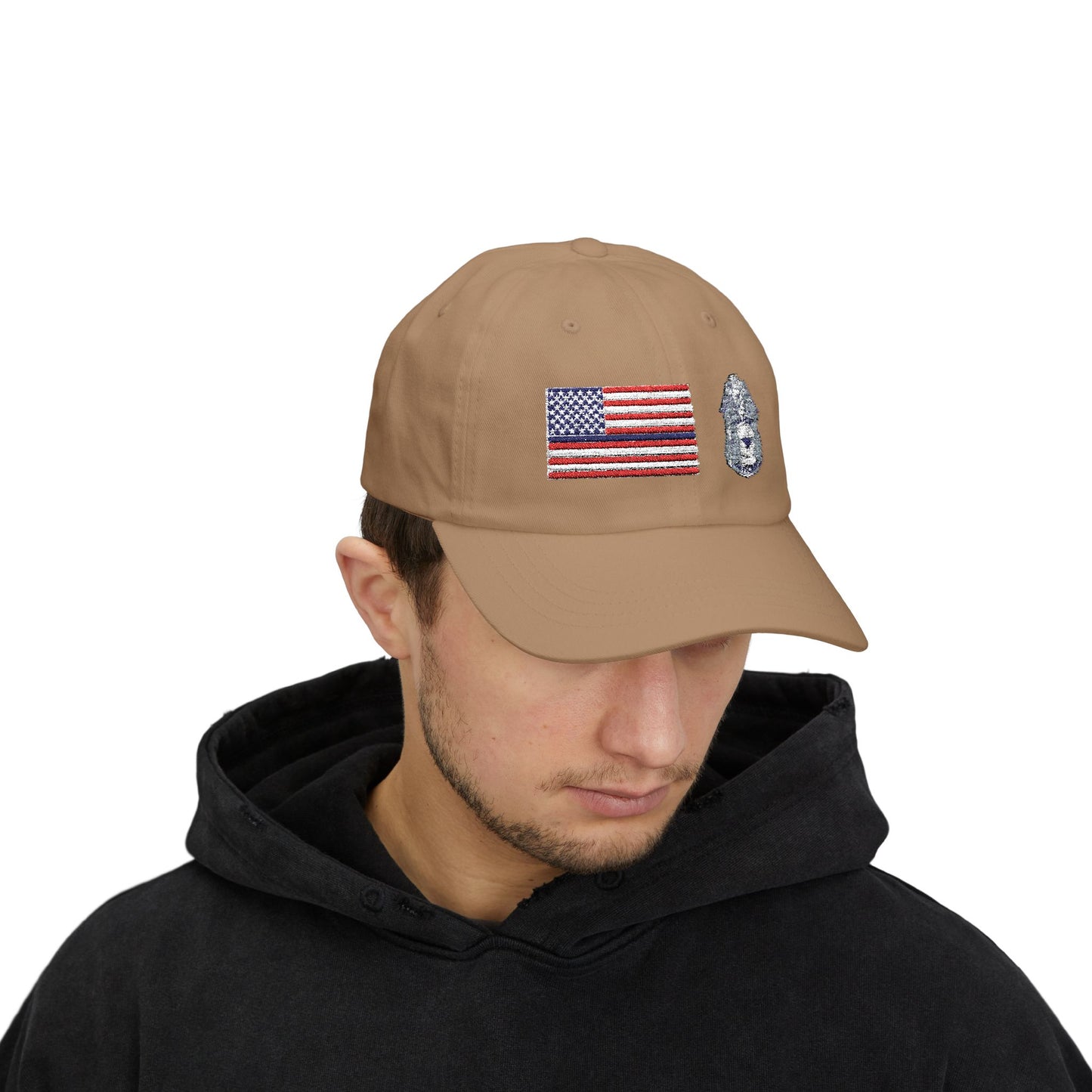 Hat - Classic Dad Cap American Flag with Police Blue Stripe and Badge