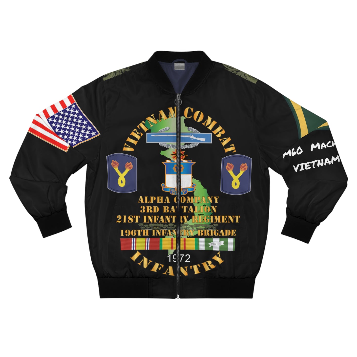 Men's Bomber Jacket - Army - 196th Light Infantry Brigade - Vietnam War Vet - PFC - M60 Machine Gunner - CIB - Vietnam Service Ribbons