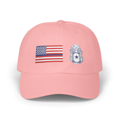 Hat - Classic Dad Cap American Flag with Police Blue Stripe and Badge