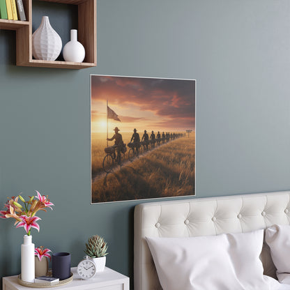 Indoor and Outdoor Silk Posters - E Company 25th Infantry Buffalo Soldiers Bicycle Corps with Guidon on the Prairie at Sunset