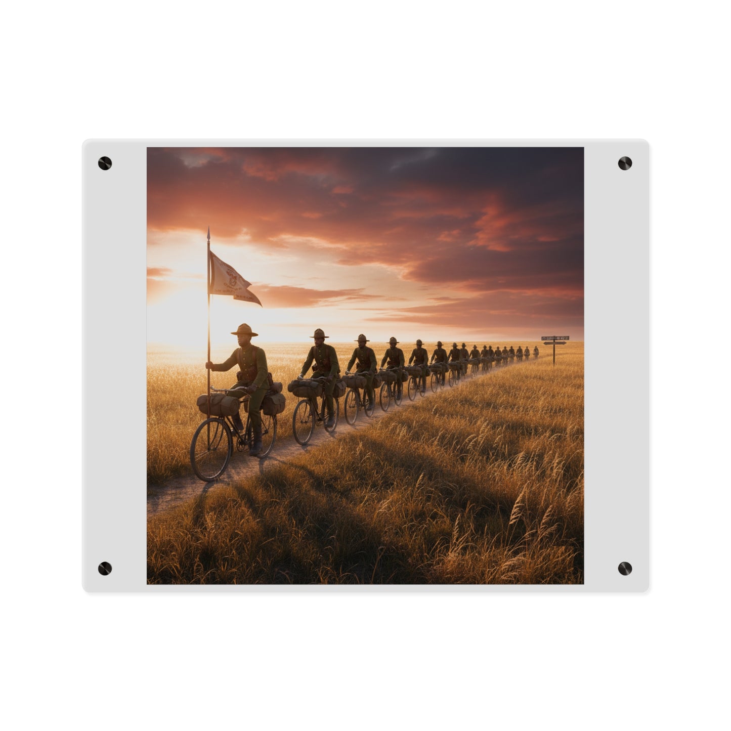 Acrylic Wall Art Panel - E Company 25th Infantry Buffalo Soldiers Bicycle Corps with Guidon on the Prairie at Sunset