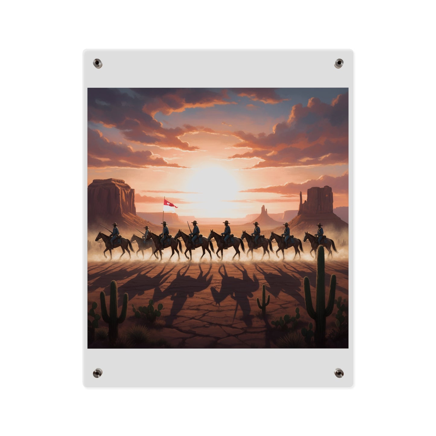 Acrylic Wall Art Panel - 10th Cavalry on Patrol in the sunset w 10th Cav Guidon