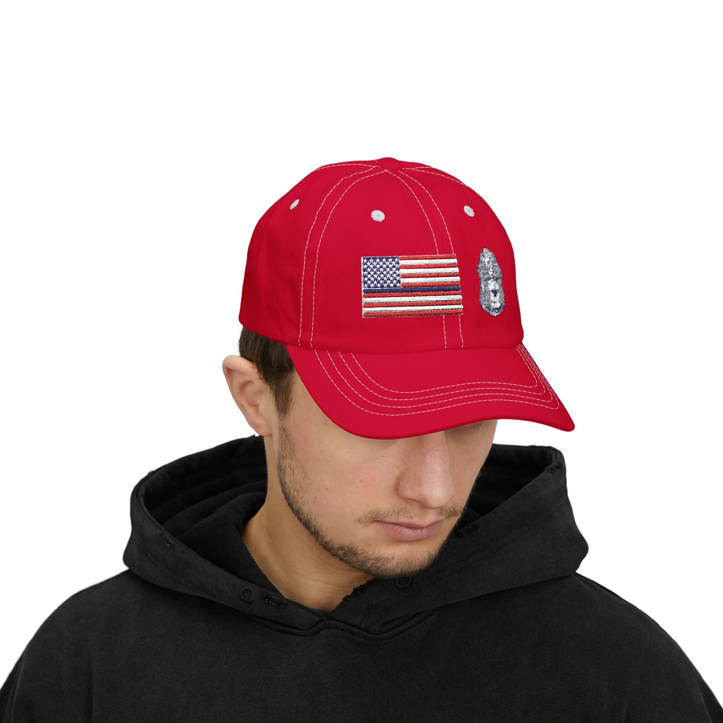 Hat - Classic Dad Cap American Flag with Police Blue Stripe and Badge