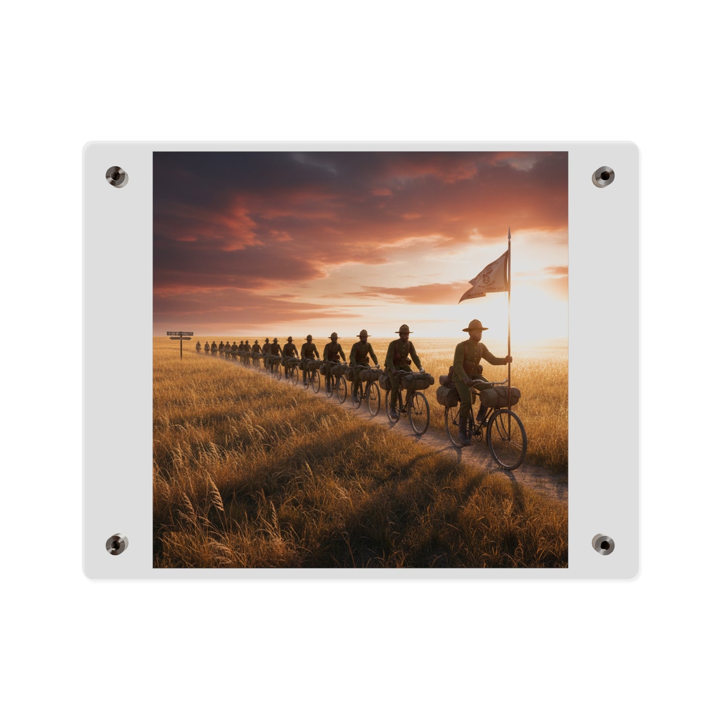 Acrylic Wall Art Panel - E Company 25th Infantry Buffalo Soldiers Bicycle Corps with Guidon on the Prairie at Sunset