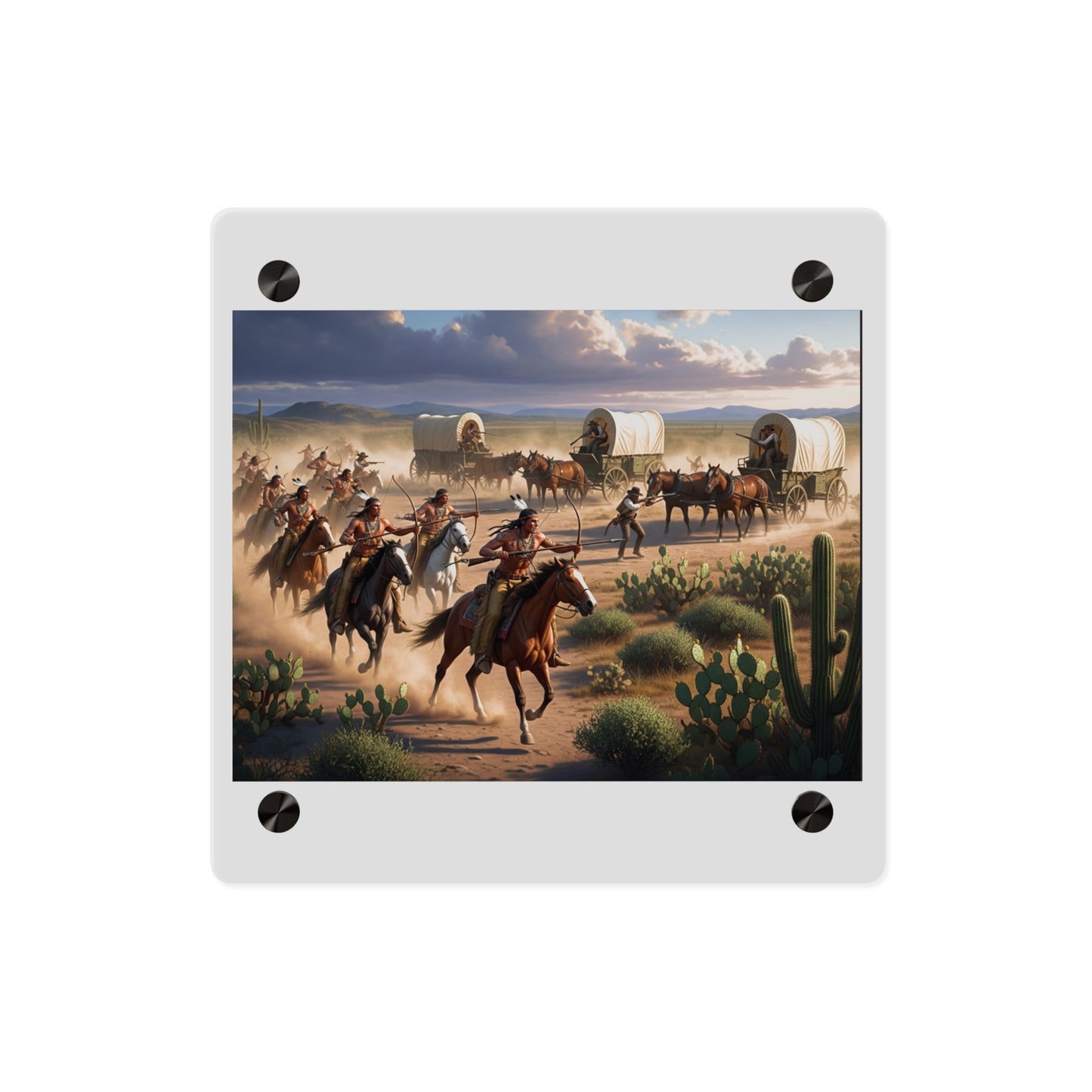 Acrylic Wall Art Panel - Apache Indians attacking a wagon train