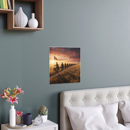 Indoor and Outdoor Silk Posters - E Company 25th Infantry Buffalo Soldiers Bicycle Corps with Guidon on the Prairie at Sunset