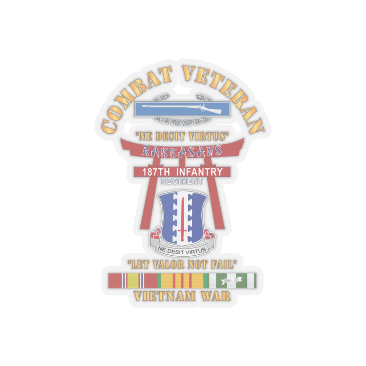 Kiss-Cut Stickers - Army - Combat Veteran - 187th Infantry Regiment - Torii, Rakkasans, Let Valor Not Fail, English, Latin w CIB w VN SVC X 300