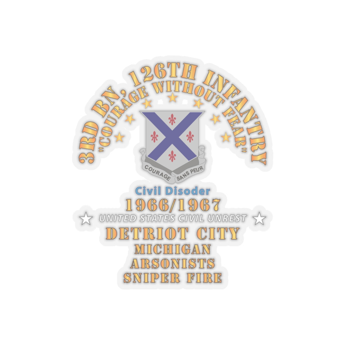 Kiss-Cut Stickers - Army - 3rd Bn 126th Infantry Detroit City MI - Arson - Sniper 1966 - 1967 - Civil Disorder