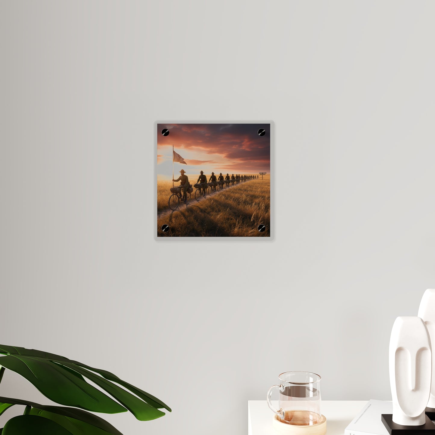 Acrylic Wall Art Panel - E Company 25th Infantry Buffalo Soldiers Bicycle Corps with Guidon on the Prairie at Sunset