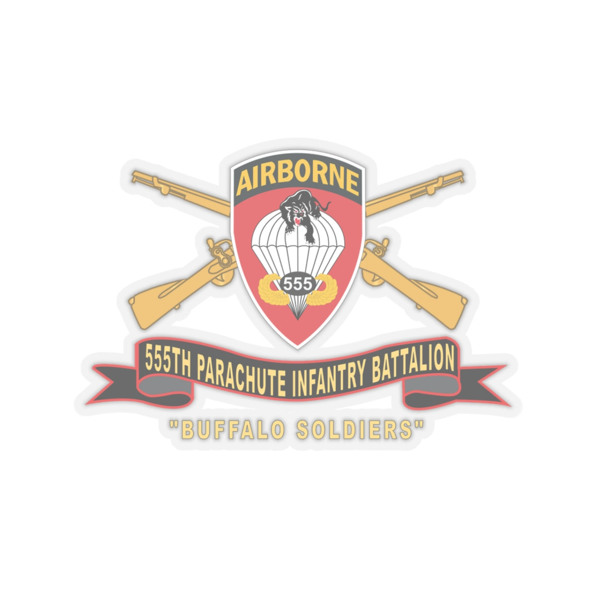 Kiss-Cut Stickers - Army - 555th Parachute Infantry Battalion - SSI - Black - Red Buffalo Soldiers w Br - Rib