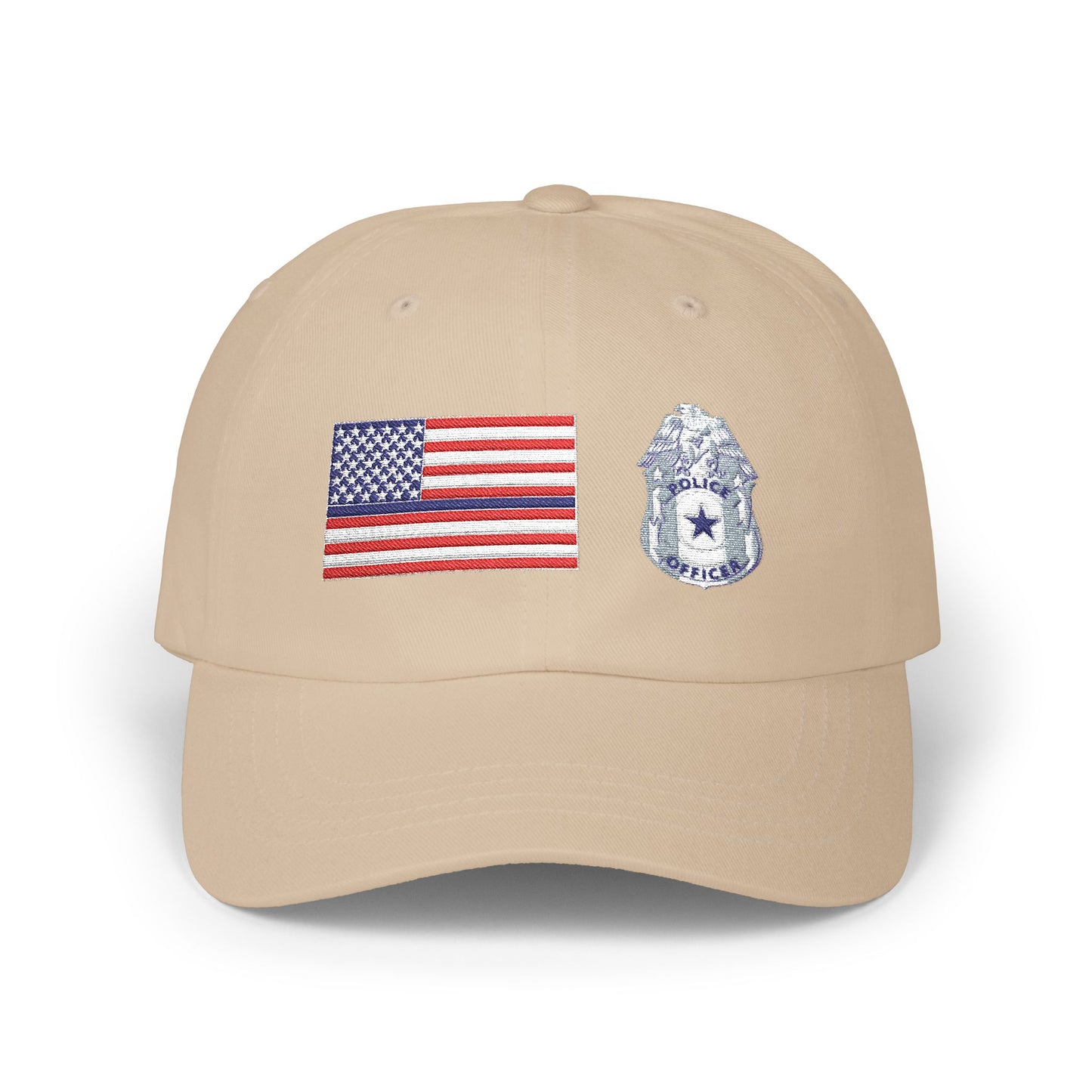 Hat - Classic Dad Cap American Flag with Police Blue Stripe and Badge