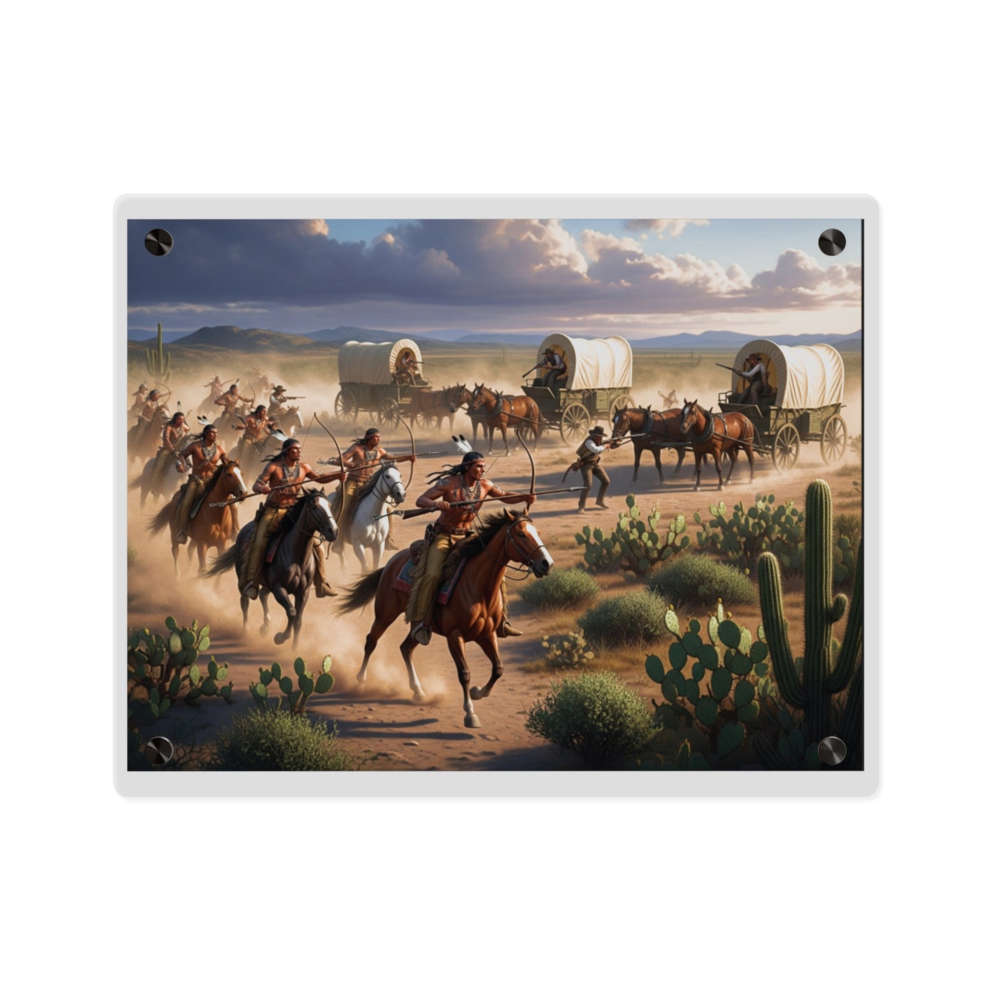 Acrylic Wall Art Panel - Apache Indians attacking a wagon train