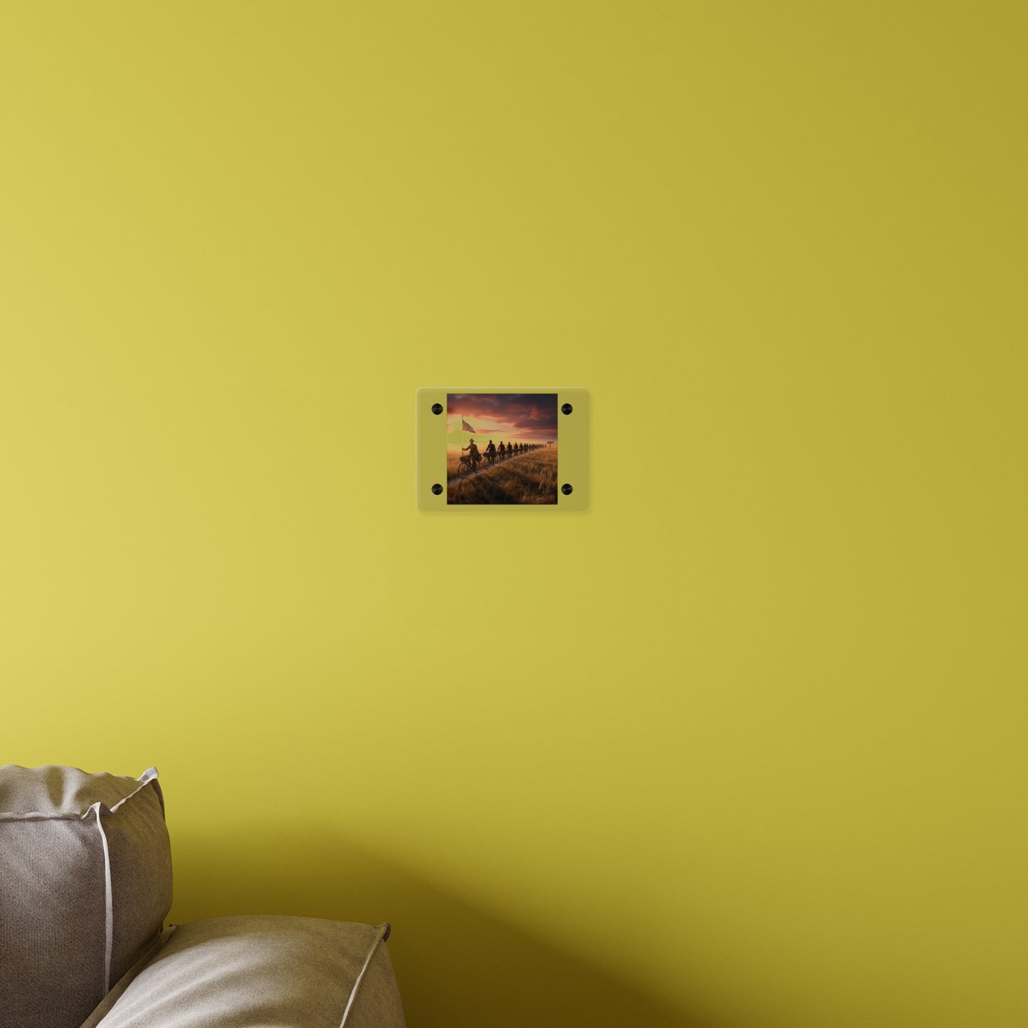 Acrylic Wall Art Panel - E Company 25th Infantry Buffalo Soldiers Bicycle Corps with Guidon on the Prairie at Sunset