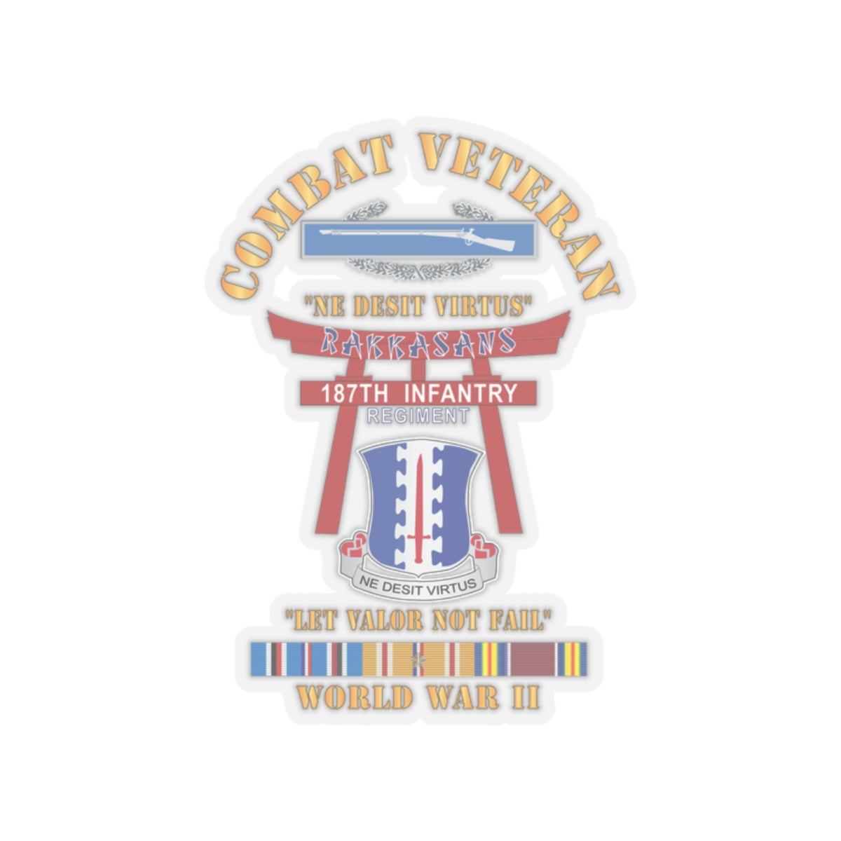 Kiss-Cut Stickers - Army - Combat Veteran - 187th Infantry Regiment - Torii, Rakkasans, Let Valor Not Fail, English, Latin w CIB w WWII PAC SVC
