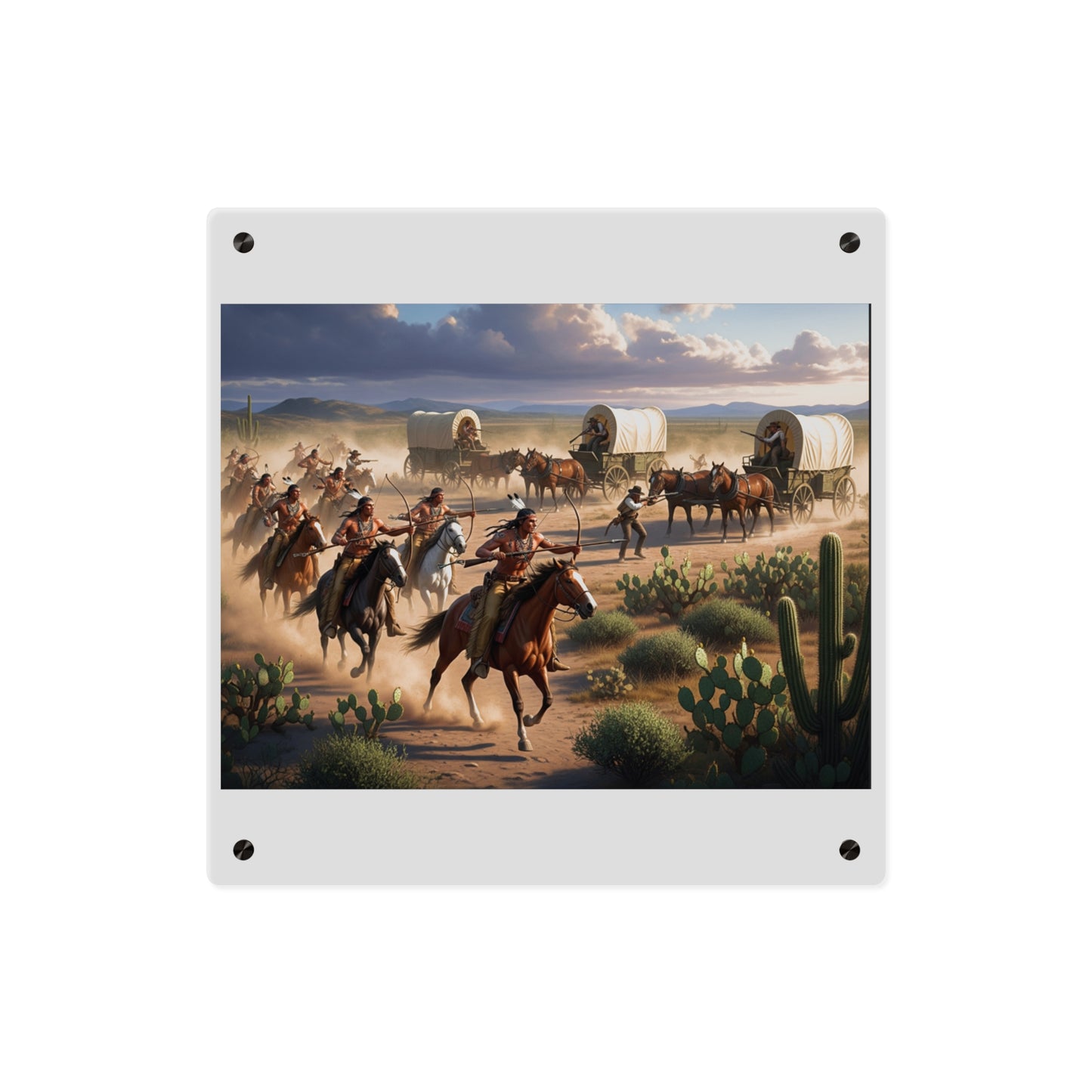 Acrylic Wall Art Panel - Apache Indians attacking a wagon train