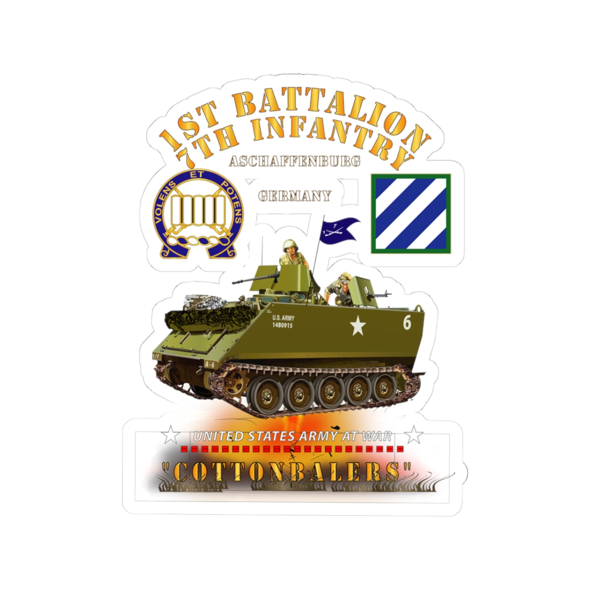 Kiss-Cut Stickers - Army - 1st Bn 7th Infantry - Aschaffenburg FRG - M113 APC  - CottonBalers X 300
