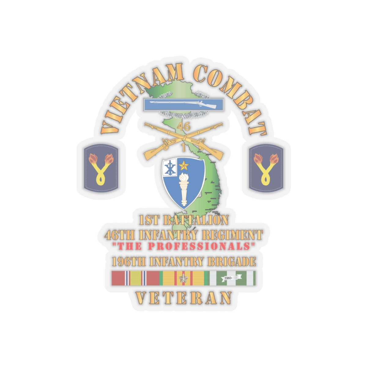 Kiss-Cut Stickers - Army - Vietnam Combat Veteran w 1st Bn 46th Inf Regt -The Professionals w DUI - CIB - 196th Inf Bde X 300