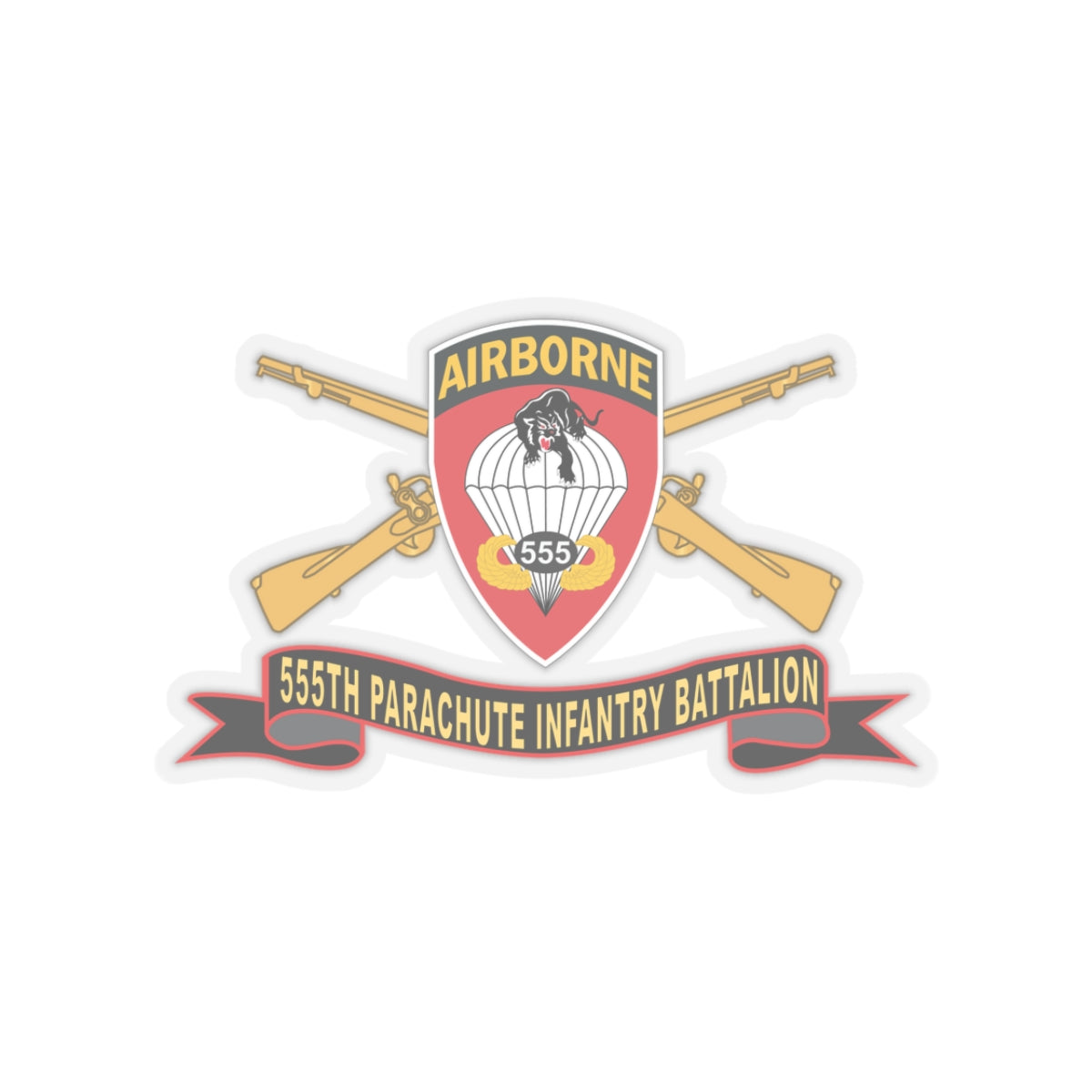 Kiss-Cut Stickers - Army - 555th Parachute Infantry Battalion - SSI - Black - Red w Br - Ribbon