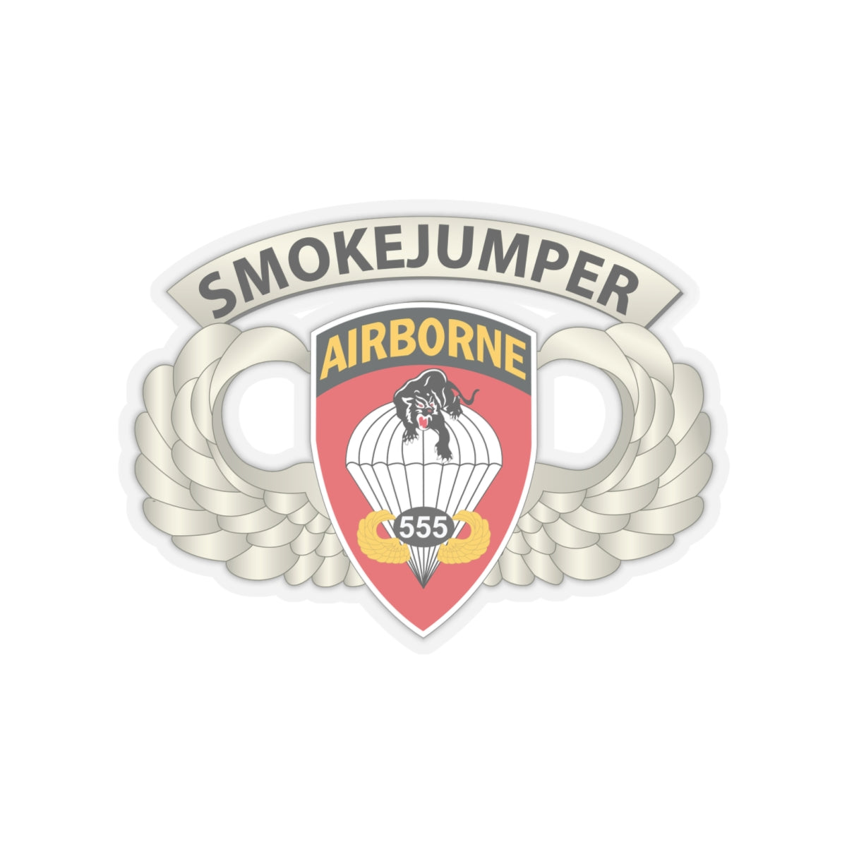 Kiss-Cut Stickers - Army - Airborne Badge - 555th Parachute Infantry Bn - SSI w SmokeJumper Tab