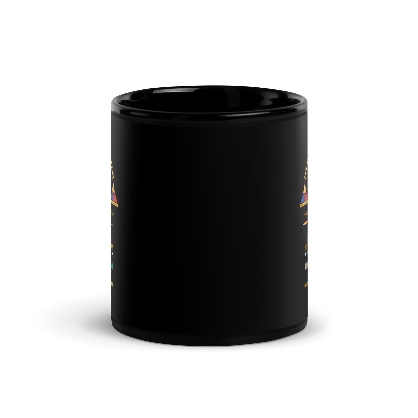Black glossy mug with 1st Squadron 1st Cavalry Regiment Battle Medina Ridge design - front view