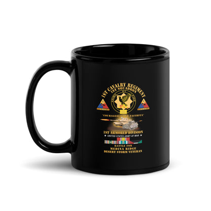 Black glossy mug with 1st Squadron 1st Cavalry Regiment Battle Medina Ridge design - handle on left