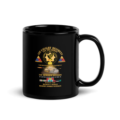 Black glossy mug with 1st Squadron 1st Cavalry Regiment Battle Medina Ridge design - handle on right