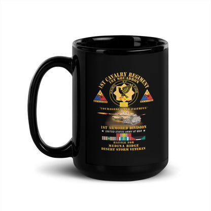 Black glossy mug with 1st Squadron 1st Cavalry Regiment Battle Medina Ridge design - handle on left