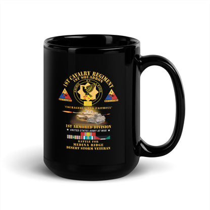 Black glossy mug with 1st Squadron 1st Cavalry Regiment Battle Medina Ridge design - handle on right