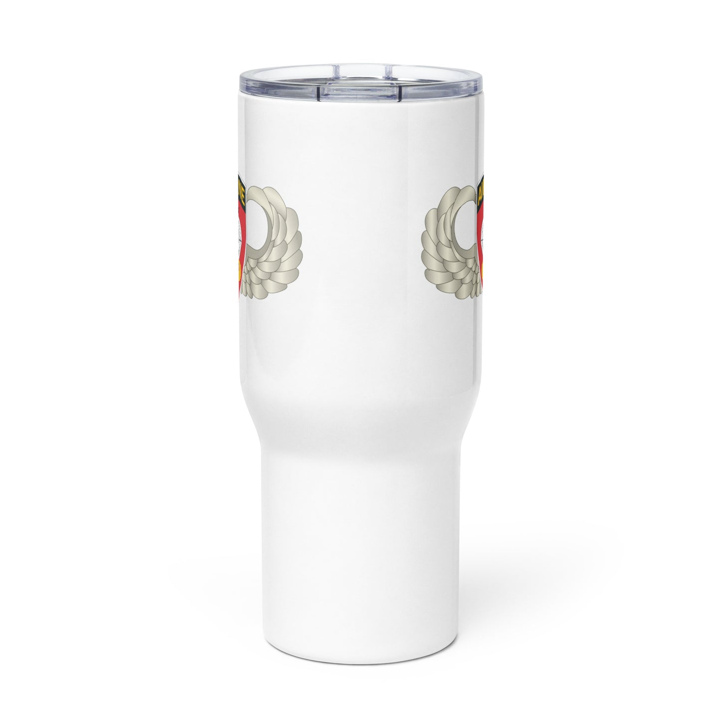Front view - White 25 oz travel mug with handle displaying Army Airborne 555th Parachute Infantry Battalion SSI badge front view