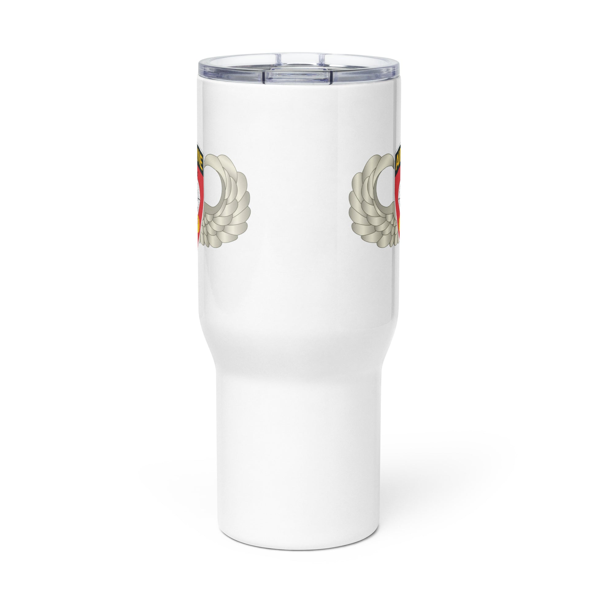 Front view - White 25 oz travel mug with handle displaying Army Airborne 555th Parachute Infantry Battalion SSI badge front view