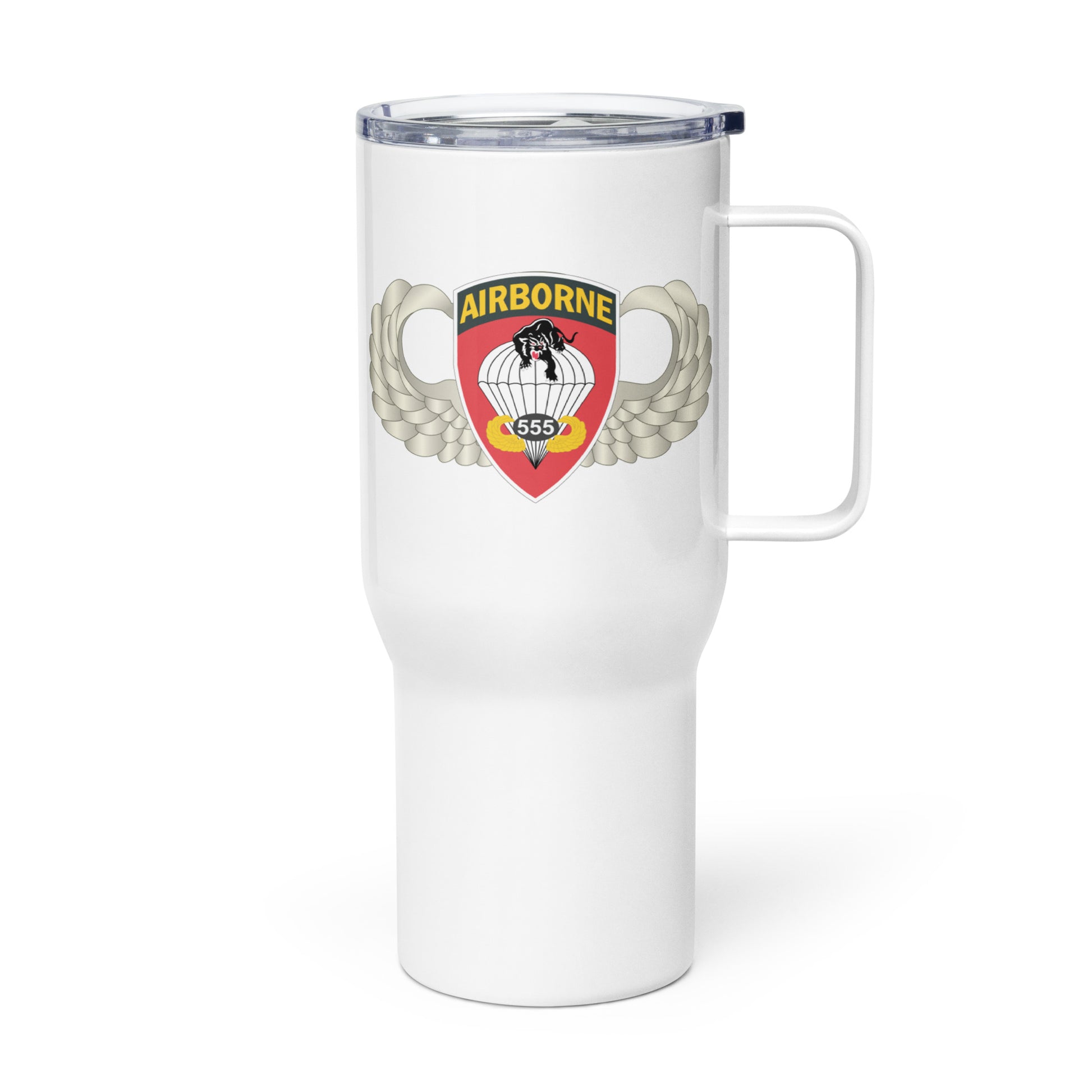 Left view - White travel mug with handle featuring Army Airborne 555th Parachute Infantry Battalion badge - left side view