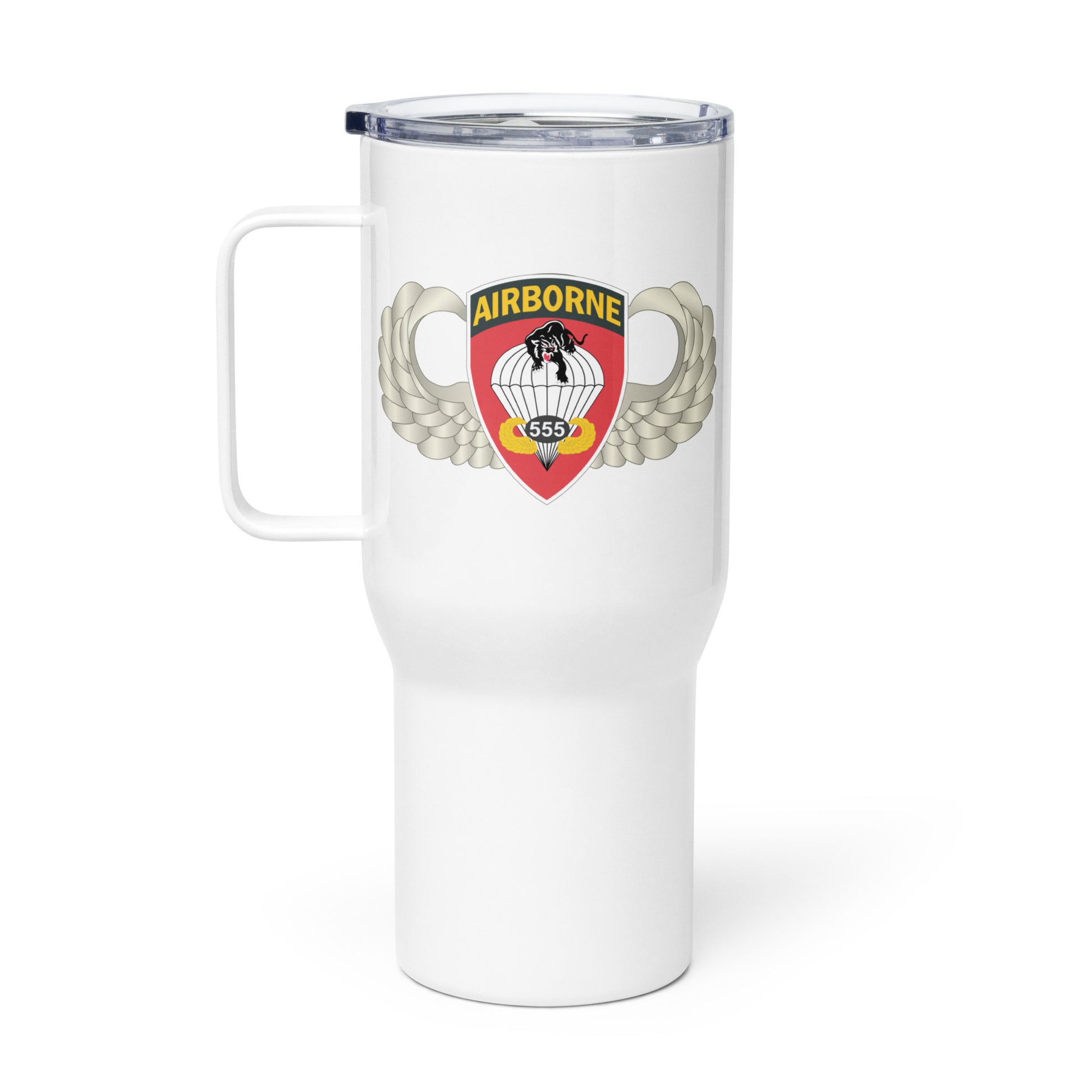 (Right view) White travel mug with handle featuring Army Airborne 555th Parachute Infantry Battalion badge - right side view