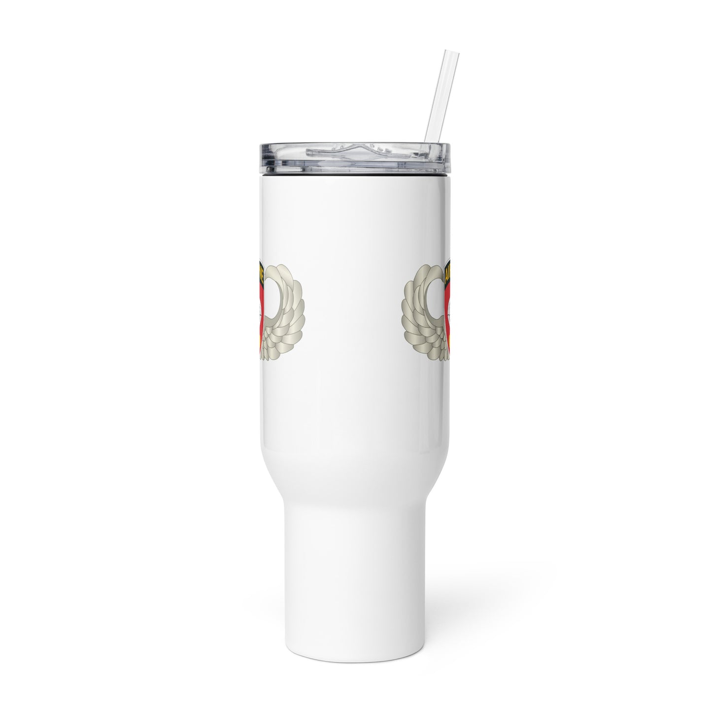 Front view - White 40 oz travel mug with handle displaying Army Airborne 555th Parachute Infantry Battalion SSI badge