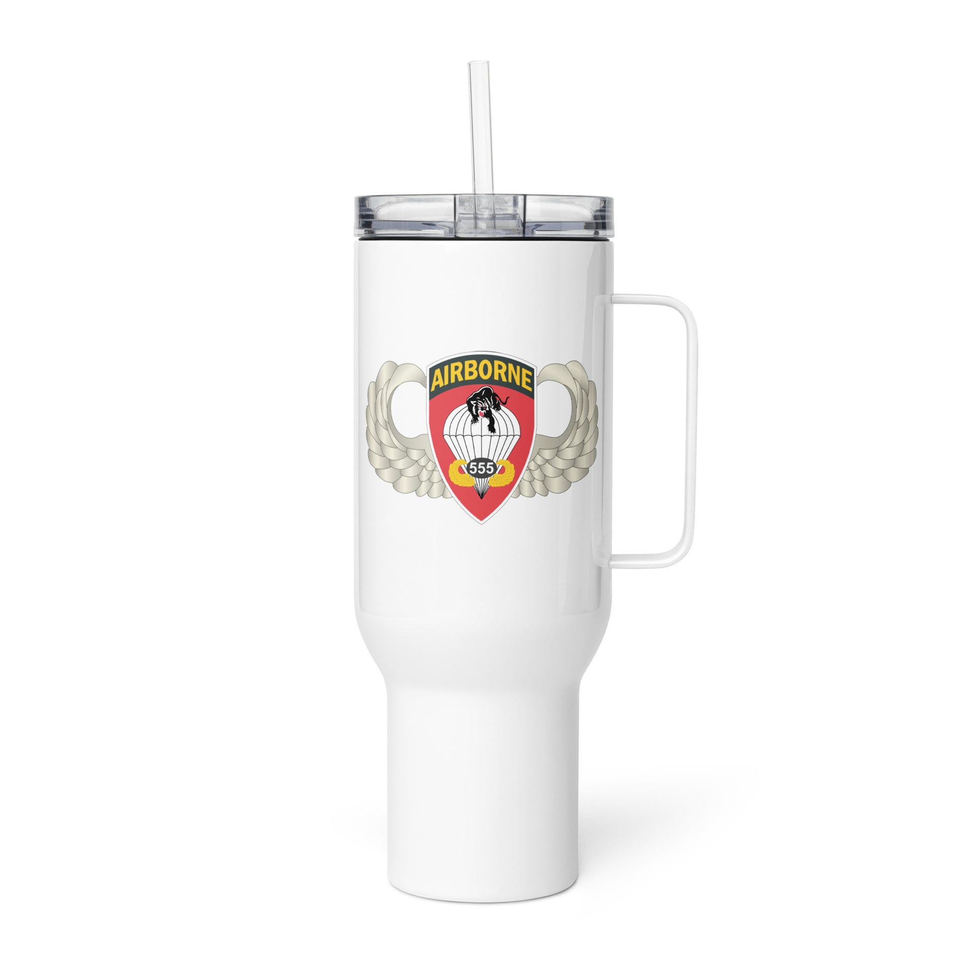 Left view - White 40 oz travel mug with handle featuring Army Airborne 555th Parachute Infantry Battalion badge - left side view
