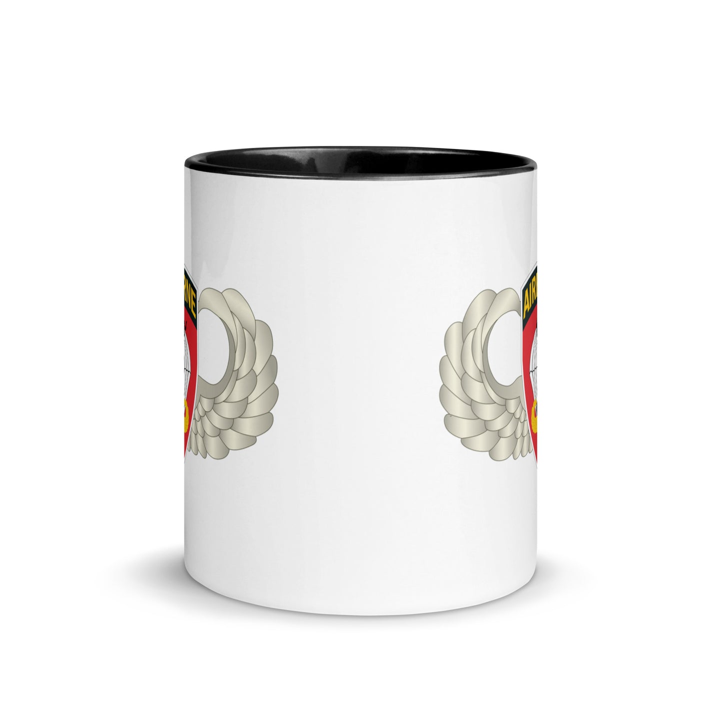  "Ceramic mug with black interior featuring 555th Parachute Infantry Battalion SSI, middle view"