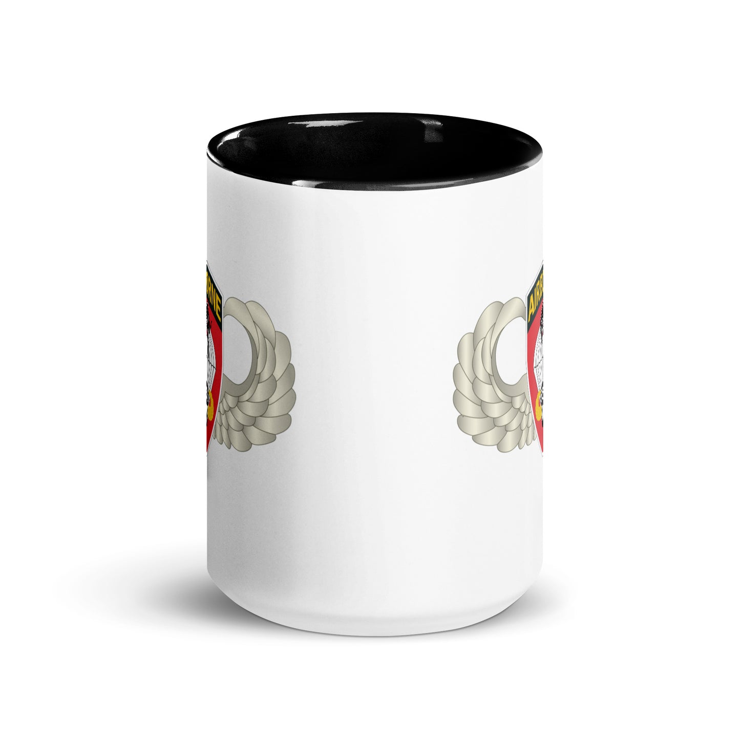  "Ceramic mug with black interior featuring 555th Parachute Infantry Battalion SSI, center view"
