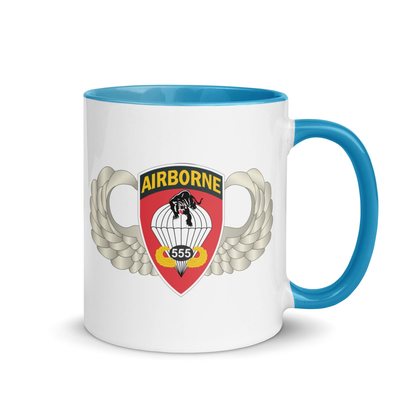  "Ceramic mug with blue interior featuring 555th Parachute Infantry Battalion SSI, rear view"