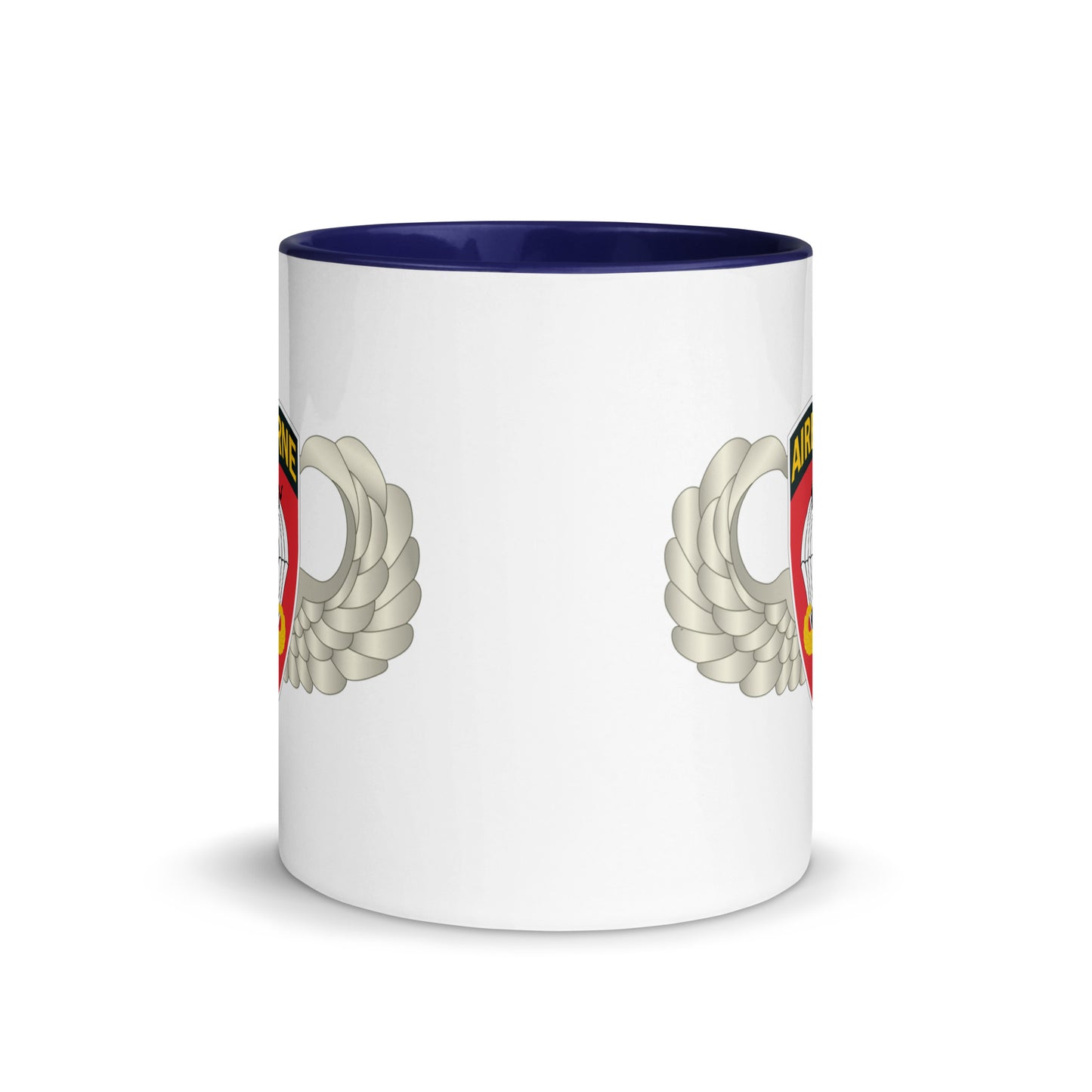  "Ceramic mug with dark blue interior featuring 555th Parachute Infantry Battalion SSI, Center view"